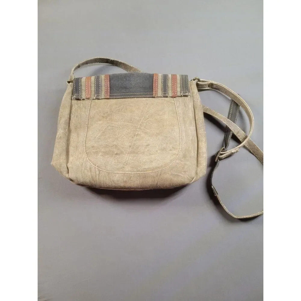 Mona B Recycled Upcycled Canvas Key Lock Flap Crossbody Bag Tan Boho